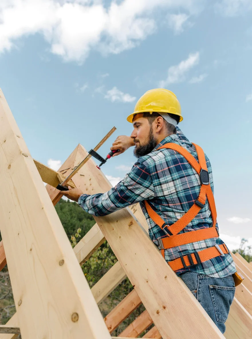 Dependable Residential Truss In St. Joseph, MO | North Country Truss A roofer installs residential trusses on a new home being built while wearing safety gear for protection.