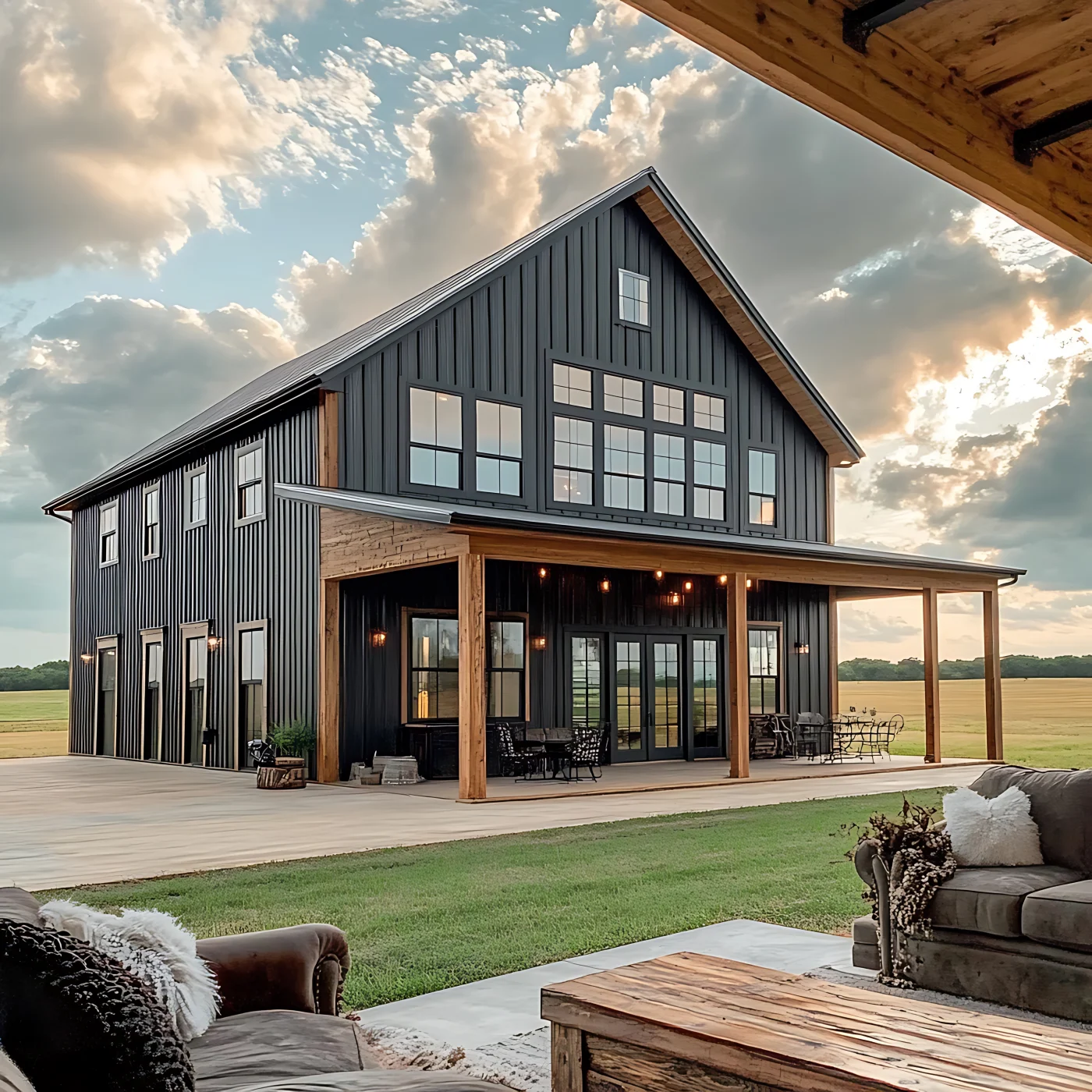 Sturdy Barndominium Truss In Omaha, NE | North Country Truss A large barndominium home with black steel siding, large windows, and a welcoming porch.