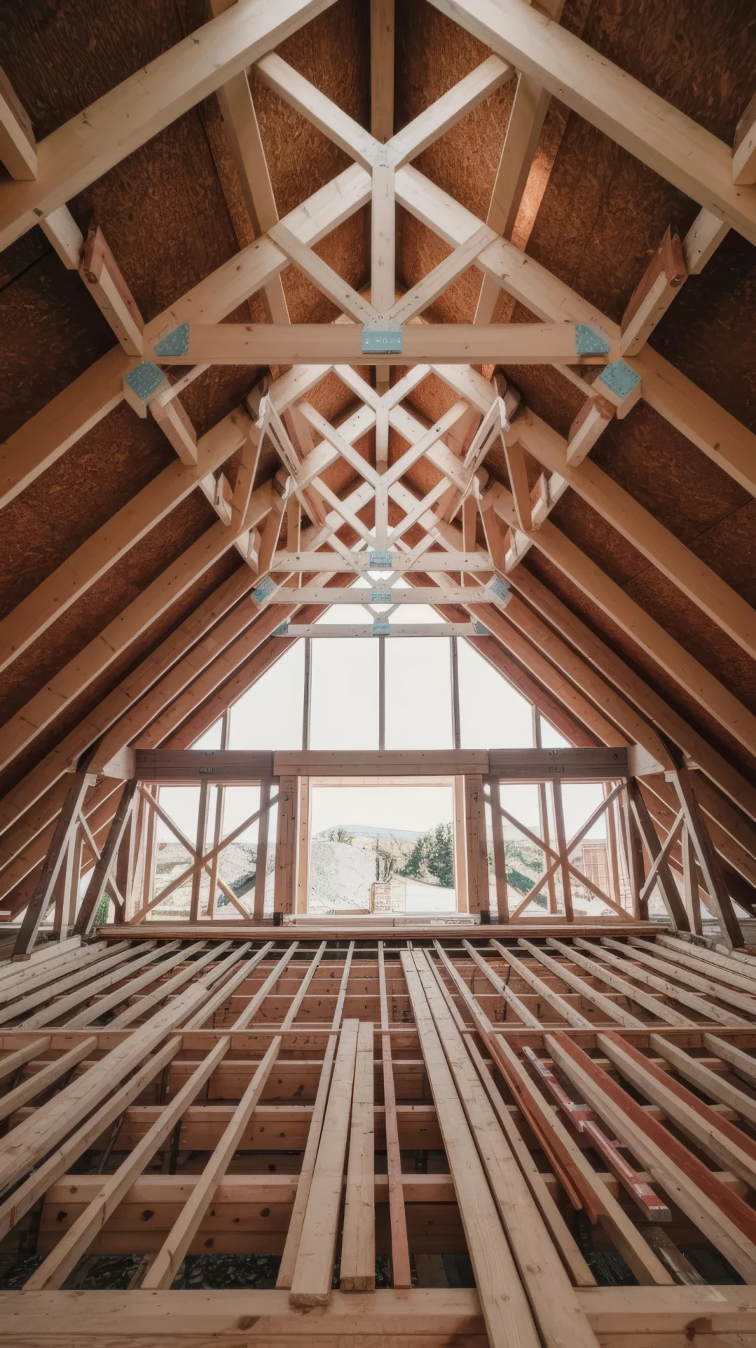 The attic of a home during the building process. Wooden beams, the residential truss system, and sme of the flooring structure are visible, as is the framing for a wall of windows on the far end of the room.
