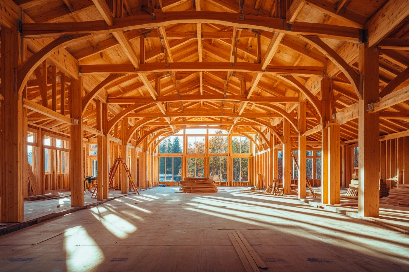 The inside of a long, wide structure with exposed wooden beams, supports, and a ceiling. The sunlight is shining in from multiple windows on one side of the building, as well as a large wall of windows on the far end. The roof is supported by a truss system that features multiple wide spans spaced evenly down the length of the building.
